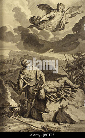 Figures 022 Abraham, Lay Not your Hand on the Child ist ein religiöses Kunstwerk, das die biblische Geschichte von Abrahams nahem Opfer seines Sohnes Isaak darstellt und die Themen Gehorsam und göttliches Eingreifen betont. Stockfoto