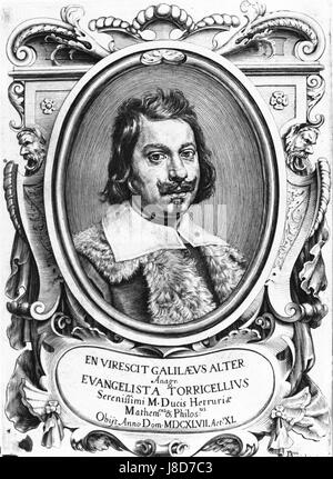 Evangelista Torricelli (1608â€„1647) war ein italienischer Physiker und Mathematiker, der vor allem für seine Arbeiten in der Strömungsdynamik und die Erfindung des Barometers bekannt war. Seine Beiträge zur Wissenschaft legten den Grundstein für die moderne Physik. Stockfoto