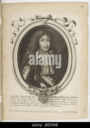 Dieser Druck von Nicolas de Larmessin, nummeriert 101, zeigt Louis Armand de Bourbon, Prinz von Conti, einen bedeutenden französischen Adligen. Larmessins Gravur spiegelt die Details der Kleidung und der Größe des Prinzen wider und spiegelt den französischen Adel des 17. Jahrhunderts wider. Stockfoto