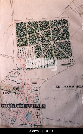 Der Guercheville-Plan von 1839 bezieht sich auf ein historisches Dokument oder eine Karte, die möglicherweise bedeutende Land- oder Grundstücksgrenzen, städtische Entwicklung oder architektonische Pläne während dieser Zeit umreißt. Es ist eine wertvolle Ressource, um historische Landnutzungs- oder Siedlungsmuster in der Region zu verstehen. Stockfoto