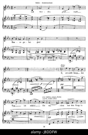 Kindertotenlieder ist ein 1901 von Gustav Mahler komponierter Liederzyklus nach Gedichten von Friedrich Rückert. Das 1901 fertiggestellte Werk spiegelt Mahlers tiefe emotionale Reaktion auf den Tod von Kindern wider und kombiniert dunkle und lyrische Musik mit traurigen Texten. Es ist eine von Mahlers emotional intensivsten und komplexesten Kompositionen. Stockfoto