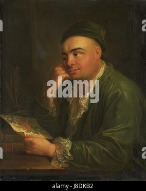 Dieses Porträt, das Jacob Feitama Jr, einem Kaufmann aus dem 17. Jahrhundert in Amsterdam, zugeschrieben wird, zeigt einen Mann mit einer Blumenzeichnung. Es ist in der Sammlung des Rijksmuseums untergebracht und beleuchtet die niederländische Kaufmannskultur in den 1700er Jahren Stockfoto