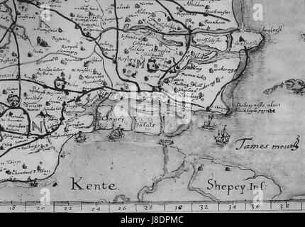 John Nordenâ' Karte von South Essex aus dem Jahr 1594 bietet einen detaillierten Überblick über die Geographie und die Landnutzung der Region während des späten 16. Jahrhunderts. Sie spiegelt die historischen Grenzen und die Topographie des Gebiets wider. Stockfoto