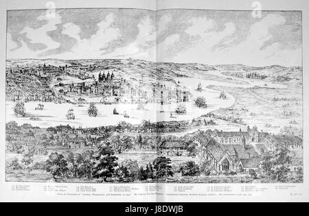 Diese historische Karte aus dem 16. Jahrhundert bietet einen detaillierten Blick auf Old London und zeigt die Grundrisse der Stadt, die wichtigsten Wahrzeichen und Strukturen. Der vom flämischen Kartografen Georg Tullius Wyngaerde entworfene Teil der Serie veranschaulicht die Straßen und Gebäude von Londonâ, bevor es zu größeren städtischen Veränderungen kam. Stockfoto
