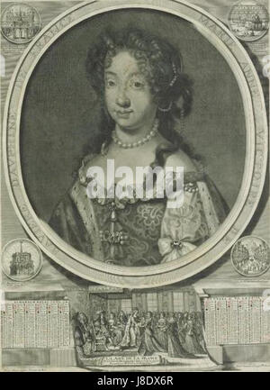 Dieses Kunstwerk zeigt Marie Anne Victoire von Bayern, die Dauphine von Frankreich, kurz nach der Geburt des Herzogs von Burgund im Jahr 1683. Das Porträt eines unbekannten Künstlers spiegelt den Status der königlichen Figur und die Bedeutung ihrer Position am französischen Hof wider. Stockfoto