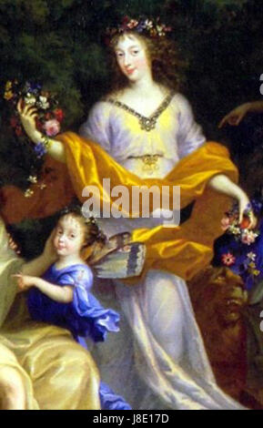 Dieses Porträt von Nocret zeigt Henriette von England und ihre Tochter Marie Louise, beide prominente Persönlichkeiten der europäischen Königsgeschichte. Das Bild unterstreicht ihre Bedeutung am Hof Ludwigs XIV. Und spiegelt den königlichen Porträtstil dieser Zeit wider. Stockfoto