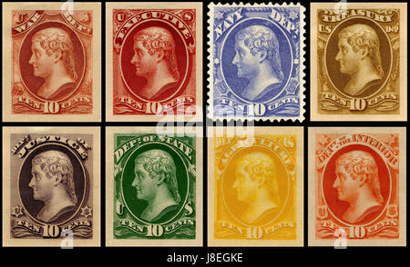Eine offizielle Briefmarke aus dem Jahr 1915 mit Thomas Jefferson, dem 3. Präsidenten der Vereinigten Staaten, wurde während seines 100. Jahrestages ausgestellt. Stockfoto