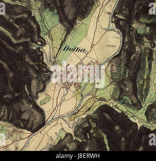Die Dolha-Karte aus dem 19. Jahrhundert ist ein altes kartographisches Werk, das eine bestimmte geographische Region darstellt. Sie liefert wertvolle historische Daten und spiegelt die Topographie, die Wahrzeichen und die Siedlungsmuster der damaligen Zeit wider. Stockfoto