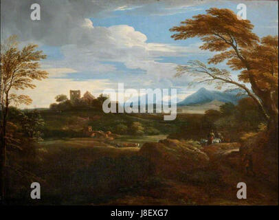 Dieses Gemälde von Jan Frans van Bloemen zeigt eine südliche Landschaft, wahrscheinlich italienisch oder mediterran, mit Hirten und einer fernen Stadt. Van Bloemen war bekannt für seine Landschaftswerke, die Pastoralszenen und die Natur einfangen. Stockfoto