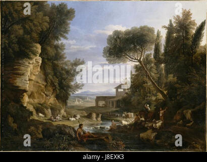 Ein Landschaftsgemälde aus dem 17. Jahrhundert von Jan Frans van Bloemen, das einen idealisierten Blick auf die Natur mit klassischen Elementen der Barockkunst darstellt. Stockfoto