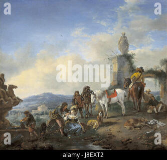 Jan Frans van Bredael (I) Jäger ruht neben einem Brunnen Stockfoto