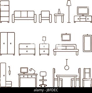 Vektor hand gezeichnete Wohnmöbel Gliederung Symbole 1 Stock Vektor