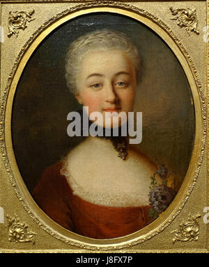 Dieses Ölgemälde aus dem 18. Jahrhundert zeigt eine Dame in Frontposition, die von einem unbekannten Künstler zwischen 1760 und 1770 geschaffen wurde. Das Porträt zeigt die Mode und den künstlerischen Stil dieser Zeit. Stockfoto