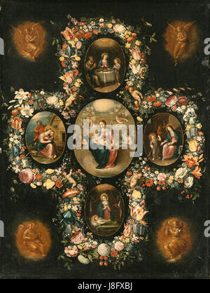 Frans Francken II. Zeigt in seinem Gemälde „die Jungfrau und das Kind mit Szenen aus dem Leben Christi“ Schlüsselmomente aus Christâ Leben, wobei er sich auf religiöse Erzählungen und christliche Ikonographie konzentriert, mit komplizierten Details flämischer Kunst. Stockfoto