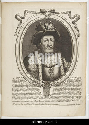 Dieser Druck von Nicolas de Larmessin zeigt Ludwig II., den König der Franken. Der Stich ist Teil einer Serie historischer Drucke, die prominente Persönlichkeiten der französischen Geschichte zeigen und die Herrschaft und den Einfluss Ludwigs II. Hervorheben. Stockfoto