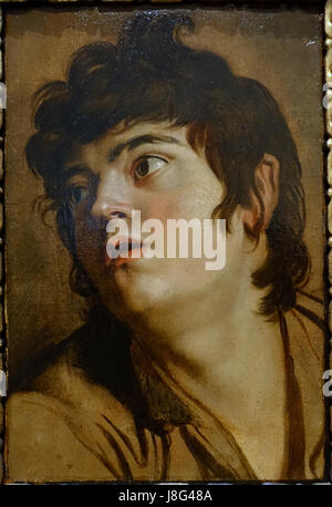 Peter Paul Rubens’ Gemälde „Kopf eines jungen Mannes“ (1601–1602) ist ein Öl auf Papier auf einer Platte. Es ist Teil der Sammlung des Blanton Museum of Art in Austin, Texas. Stockfoto