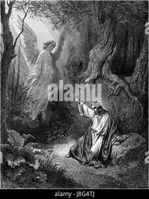Die Qual Jesu im Garten Getsemani ist ein entscheidender Moment der christlichen Theologie, der im Neuen Testament beschrieben wird. Jesus erlebt tiefe emotionale und spirituelle Not, weil er das Leiden kennt, das vor uns liegt. Dieses Ereignis markiert einen entscheidenden Moment der Unterwerfung unter Gottes Willen vor seiner Kreuzigung. Stockfoto
