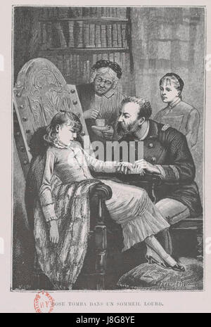 Illustration mit dem Titel „La Petite Rose“ aus dem Buch „Destez“, erschienen auf Seite 250, die eine junge Frau in einem floralen Setting darstellt, das romantische Kunst des 19. Jahrhunderts widerspiegelt. Stockfoto