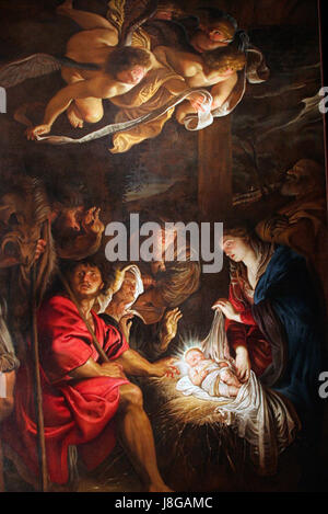 La adorazione dei pastori (die Anbetung der Hirten) ist ein Gemälde von Peter Paul Rubens, das die biblische Szene der Hirten darstellt, die den neugeborenen Christus verehren. Rubensâ€™ Beherrschung von Farbe, Licht und Textur ist offensichtlich und zeigt seine Fähigkeit, religiöse Motive mit emotionaler Intensität darzustellen. Stockfoto