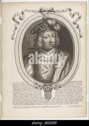 Dieser Stich von Nicolas de Larmessin zeigt Clovis III., einen König der Franken. Es ist Teil einer Serie historischer Drucke, die bedeutende Persönlichkeiten dieser Zeit zeigen und eine visuelle Aufzeichnung der frühen französischen Monarchie liefern. Stockfoto