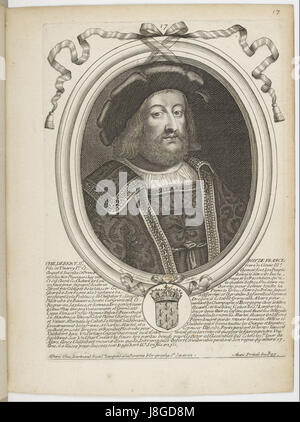 Dieser Druck von Nicolas de Larmessin zeigt Childebert II., den König der Franken. Der Stich zeigt den König in einer traditionellen königlichen Pose, die eine Schlüsselfigur der frühmittelalterlichen europäischen Geschichte darstellt. Stockfoto