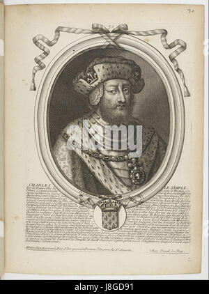 Dieser Stich von Nicolas de Larmessin zeigt Karl III., bekannt als Karl der einfache, König der Franken. Der Druck zeigt historische Merkmale dieses Monarchen und trägt zum Verständnis seiner Herrschaft im frühen Mittelalter bei. Stockfoto