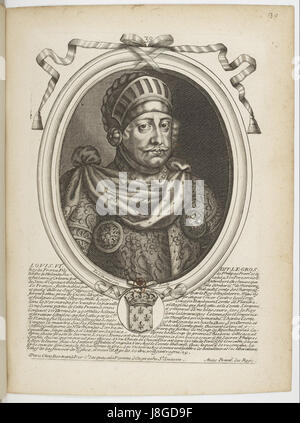 Dieser Druck von Nicolas de Larmessin zeigt Ludwig VI., König von Frankreich. Larmessin war bekannt für seine detaillierten Gravuren, die königliche Figuren aus der französischen Geschichte einfangen. Stockfoto
