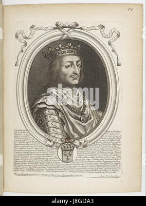 Dieser Kupferstich von Nicolas de Larmessin zeigt Karl VII., König von Frankreich, wahrscheinlich aus einer Reihe historischer Drucke, die die Herrschaft des Monarchen und seine Bedeutung in der französischen Geschichte veranschaulichen. Stockfoto