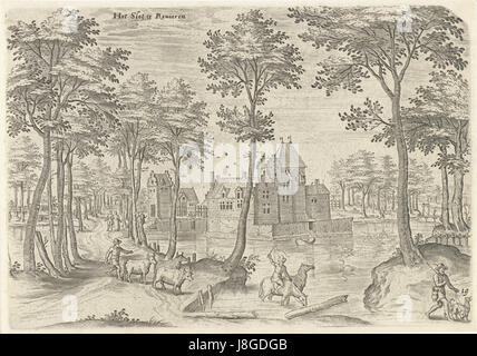 Gezicht Op Het Kasteel van Rivieren, Hans Collaert (I), Naar Hans Bol, Jacob Grimmer, 1530 1580 Stockfoto