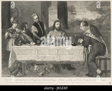 „Christ in Emmaus“ ist ein Werk von Antoine Masson im Stil des Tizianischen. Es zeigt die biblische Szene, in der Christus sich zwei Jüngern in Emmaus offenbart. Die Gravur spiegelt den Einfluss des Renaissance-Meisters in seiner Komposition und Verwendung von Licht wider. Stockfoto