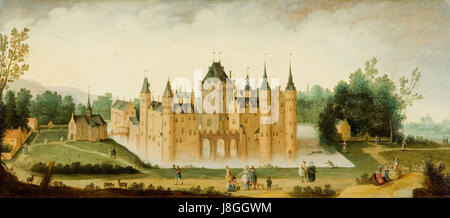 Dieses Gemälde oder Bild zeigt einen Blick auf die Burg in Egmond aan den Hoef in den Niederlanden. Heute im Rijksmuseum untergebracht, spiegelt es die historische Bedeutung dieses Wahrzeichens für die niederländische Architektur und das Erbe wider. Stockfoto