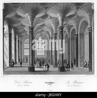 Eine Innenansicht der Frankfurter Börse (die BÃ¶rse) in Frankfurt am Main, aufgenommen von Jakob FÃ¼rchtegott Dielmann. Dieses historische Bild zeigt die Architektur und den geschäftigen Handelsraum eines der wichtigsten Finanzzentren von Europeâ. Stockfoto