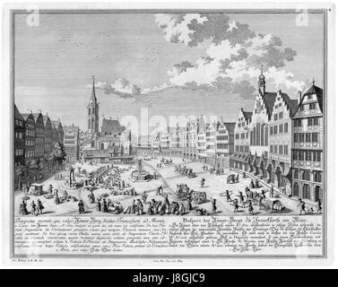 Dies beschreibt eine Aussicht oder einen Blick auf den RÃ¶Merberg in Frankfurt am Main. Der RÃ¶Merberg ist ein historischer Platz im Herzen Frankfurts, der für seine mittelalterlichen Gebäude und seine kulturelle Bedeutung bekannt ist. Das Bild zeigt wahrscheinlich diese szenische Aussicht aus der Perspektive von Salomon kleiner. Stockfoto