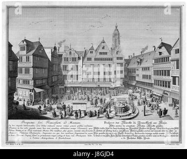 Dies ist eine historische Aussicht (Ansicht) von Frankfurt am Main, Deutschland, erstellt von Salomon kleiner, die den Marktplatz zeigt. Die Illustration stammt wahrscheinlich aus dem 18. Jahrhundert und bietet einen Einblick in das architektonische und soziale Leben Frankfurts in dieser Zeit. Stockfoto