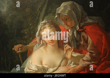 Francois Bouchers „Vertumnus und Pomona“ (1749) ist ein Ölgemälde, das eine klassische mythologische Szene darstellt. Das Gemälde, bekannt für seine detaillierte Komposition, zeigt die Götter Vertumnus und Pomona aus der römischen Mythologie. Stockfoto