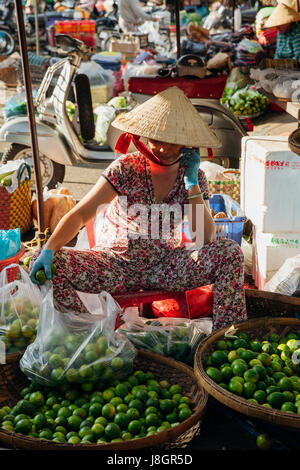 Nha Trang, Vietnam - 14. Juli 2016: Vietnamesische Frau in konische Hut verkauft Obst und vegs am Morgenmarkt in Nha Trang, Vietnam am 14. Juli 2016 Stockfoto