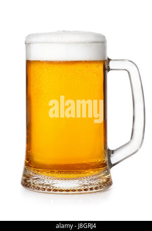 frisches Bierbecher mit Schaum und Luftblasen isoliert auf weißem Hintergrund. Leichte unbottled Weizenbier in transparentem Glas Becher Stockfoto