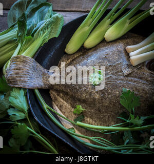 Eine Detailansicht der Steinbutt von baby Gemüse umgeben; Lebensmittel; Fisch und Meeresfrüchte; Plattfische; Zutaten für eine Mahlzeit, nicht gegart; Roh; Gesunde Ernährung; Stockfoto