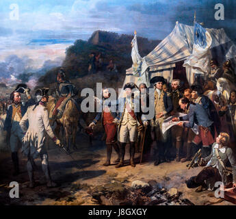 Belagerung von Yorktown, 17. Oktober 1781 von Auguste Couder, Öl auf Leinwand, 1836. General George Washington, der Comte de Rochambeau und dem Marquis de Lafayette geben ihre Bestellungen vor der Schlacht. Stockfoto