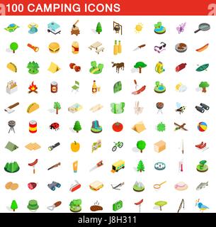 100 Icons Set, isometrische 3D-Stil camping Stock Vektor