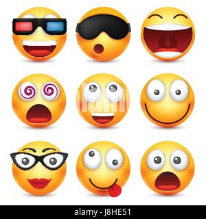 Smiley mit Brille, lächelnd wütend, traurig, glücklich Emoticon. Gelbes Gesicht mit Emotionen. Gesichtsausdruck. 3D realistisch Emoji. Lustige Comic-Figur. Stimmung. Web-Symbol. Vektor-Illustration. Stock Vektor