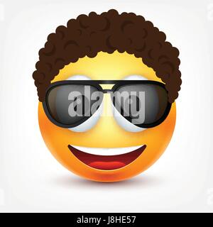 Smiley mit Brille und Haare, Lächeln, glücklich Emoticons. Gelbes Gesicht mit Emotionen. Gesichtsausdruck. 3D realistisch Emoji. Lustige Comic-Figur. Stimmung. Web-Symbol. Vektor-Illustration. Stock Vektor
