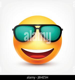 Smiley mit Brille, lächelndes Emoticon. Gelbes Gesicht mit Emotionen. Gesichtsausdruck. 3D realistisch Emoji. Lustige Comic-Figur. Stimmung. Web-Symbol. Vektor-Illustration. Stock Vektor