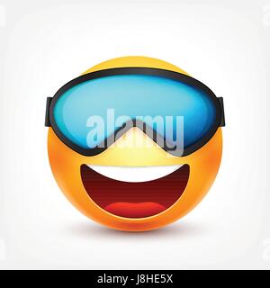 Smiley mit Brille, Maske, lächelndes Emoticon. Gelbes Gesicht mit Emotionen. Gesichtsausdruck. 3D realistisch Emoji. Lustige Comic-Figur. Stimmung. Web-Symbol. Vektor-Illustration. Stock Vektor