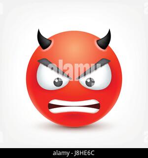 Smiley, wütend, traurig, Teufel Emoticon. Redface mit Emotionen. Gesichtsausdruck. 3D realistisch Emoji. Lustige Comic-Figur. Stimmung. Web-Symbol. Vektor-Illustration. Stock Vektor