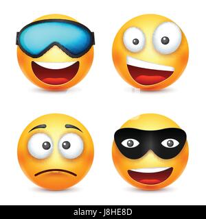 Smiley mit Brille, lächelndes Emoticon. Gelbes Gesicht mit Emotionen. Gesichtsausdruck. 3D realistisch Emoji. Lustige Comic-Figur. Stimmung. Web-Symbol. Vektor-Illustration. Stock Vektor