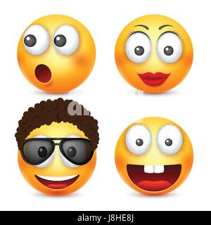 Smiley mit Brille, lächelndes Emoticon. Gelbes Gesicht mit Emotionen. Gesichtsausdruck. 3D realistisch Emoji. Lustige Comic-Figur. Stimmung. Web-Symbol. Vektor-Illustration. Stock Vektor