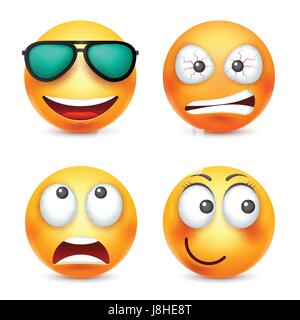 Smiley mit Brille, lächelndes Emoticon. Gelbes Gesicht mit Emotionen. Gesichtsausdruck. 3D realistisch Emoji. Lustige Comic-Figur. Stimmung. Web-Symbol. Vektor-Illustration. Stock Vektor