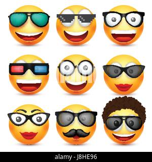 Smiley mit Brille, lächelndes Emoticon. Gelbes Gesicht mit Emotionen. Gesichtsausdruck. 3D realistisch Emoji. Lustige Comic-Figur. Stimmung. Web-Symbol. Vektor-Illustration. Stock Vektor