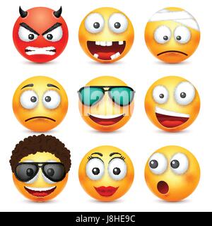 Smiley mit Brille, lächelnd wütend, traurig, glücklich Emoticon. Gelbes Gesicht mit Emotionen. Gesichtsausdruck. 3D realistisch Emoji. Lustige Comic-Figur. Stimmung. Web-Symbol. Vektor-Illustration. Stock Vektor